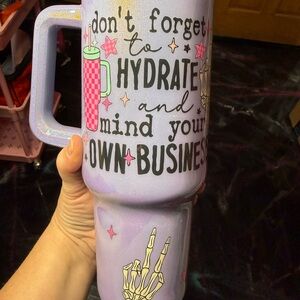 Dont forget to hydrate and mind your business Purple Glitter Tumbler Handmade